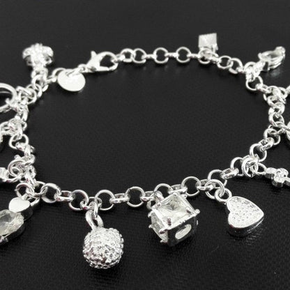 Y2K Multi Mixed Charms Chain Bracelet For Women, Silver Tone Clear Tone Simulated Zirconia Cross Moon Star Heart Key Lock Dangle Hand Jewelry Daily Casual Accessories