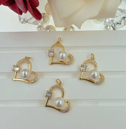 Gold CZ Heart With White Pearl Charm, Sku#Y928