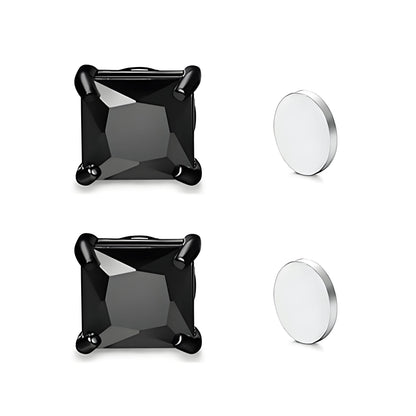 Stainless Steel Magnetic Princess Cut CZ Stud Earrings for Men Women, 6/8mm Square Cubic Zirconia Inlaid Magnetic Earrings Non-Piercing Clip On Studs
