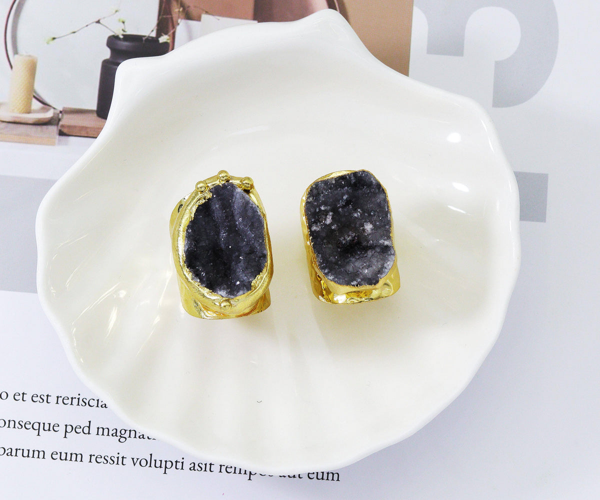 Gold Druzy Quartz Adjustable Ring, Sku#YT34