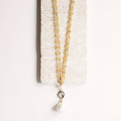 Baroque pearl convertible necklace with large pearl, aqua chalcedony, smoky quartz, and 14k gold plated sterling silver in long and double strand styles