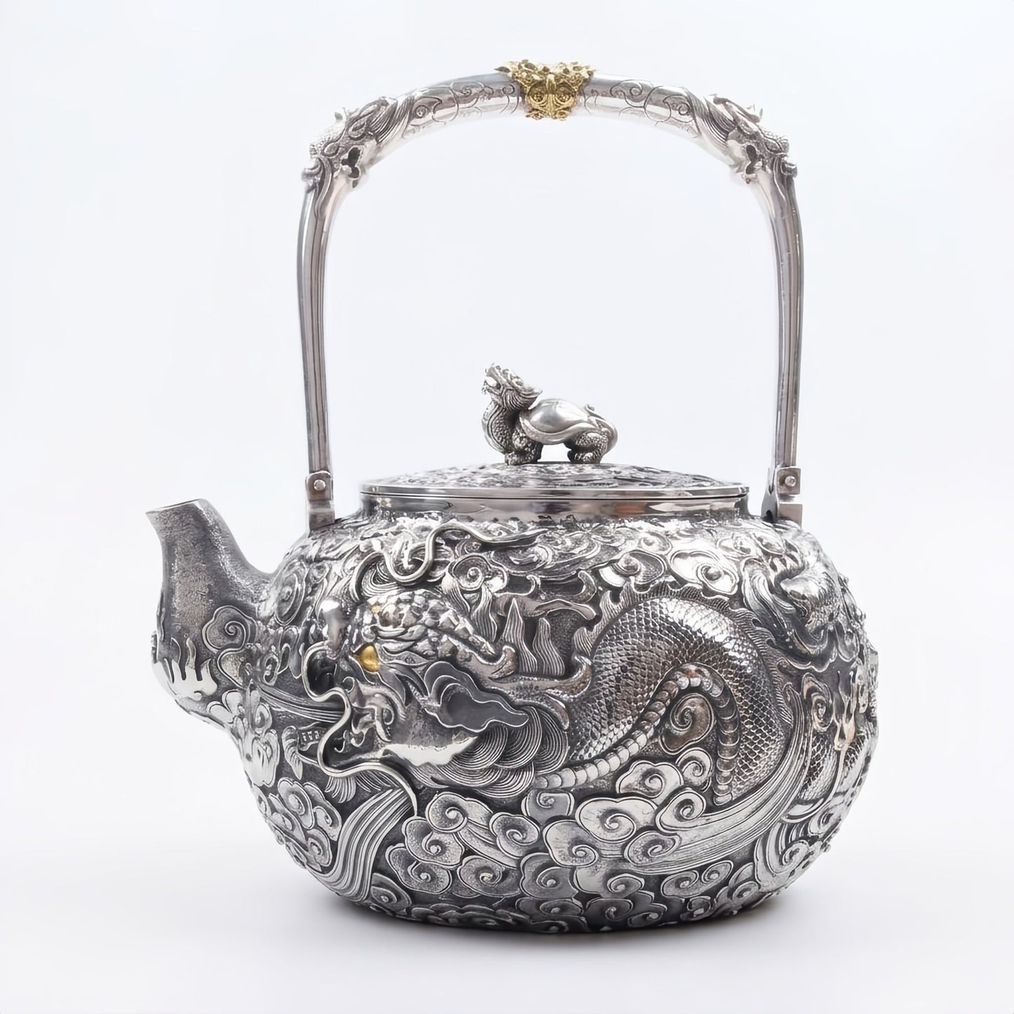 Pure 999 Fine Silver Elaborate Hand-Carved Silver Teapot with Majestic Dragon Motif and Ornate High Handle - Handicraft