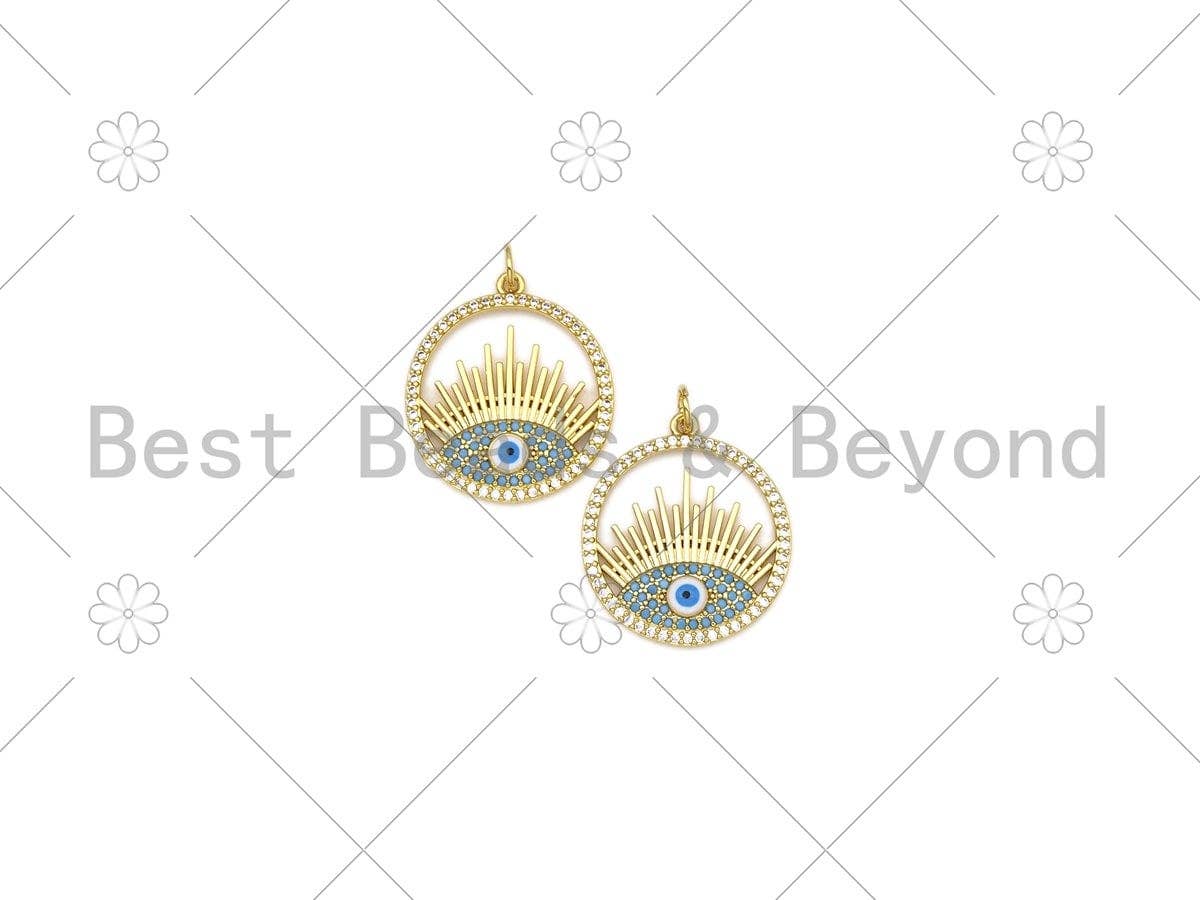 Turquoise CZ Micro Pave Evil Eye On Round Ring Shape Pendant,18K Gold Filled Evil Eye Charm, Necklace Bracelet Charm, 21x24mm,Sku#Y507