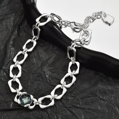 Thick Irregular Square Link Choker Necklace For Women, Smoky Grey Cubic Zirconia Chunky Silver Collarbone Chain, Cool European Spanish Fashion Jewelry