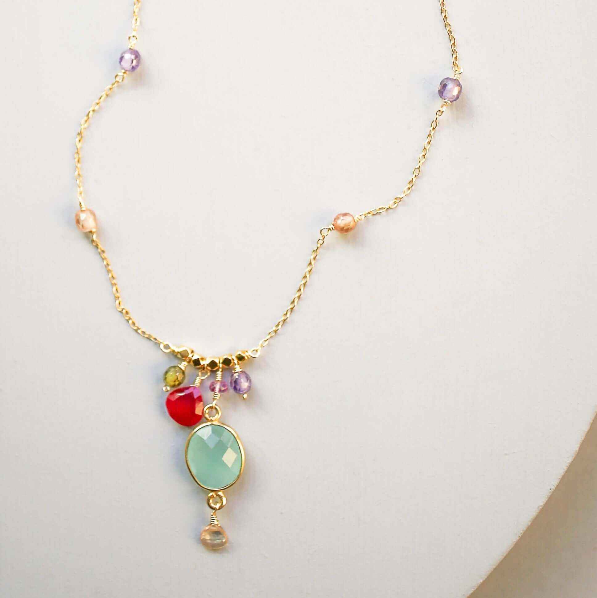 Elegant bezel necklace with bezel set gemstone pendant on gold chain