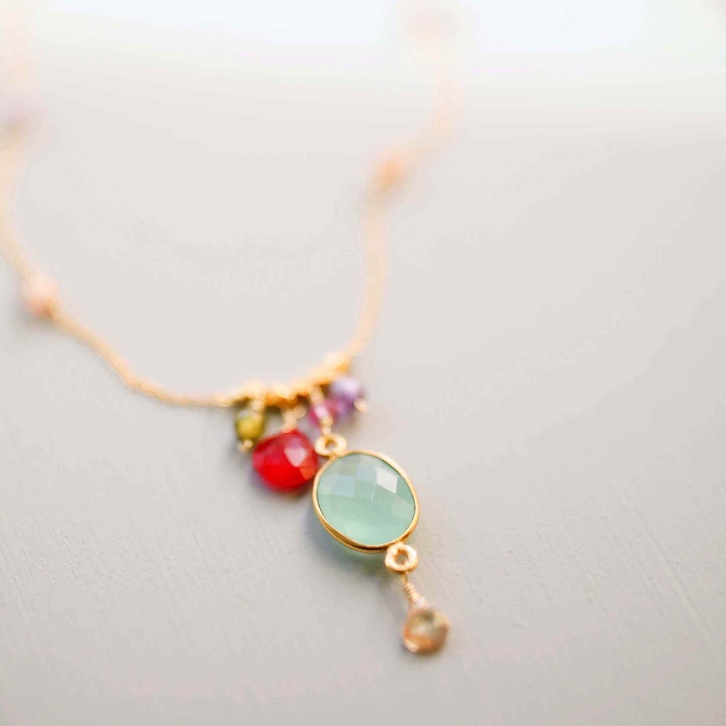 Delicate gold bezel necklaces with labradorite, aqua chalcedony, blue chalcedony, smoky quartz, or opal quartz gemstones on fine Italian sterling silver chains