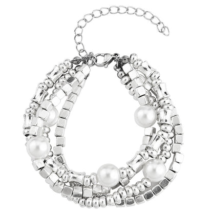 2Pcs Multi Layer Broken Silver Pearl Stretch Bracelet Set For Women, Stackable Elastic Beaded Bangle, Minimal Elegant European Spanish Fashion Jewelry