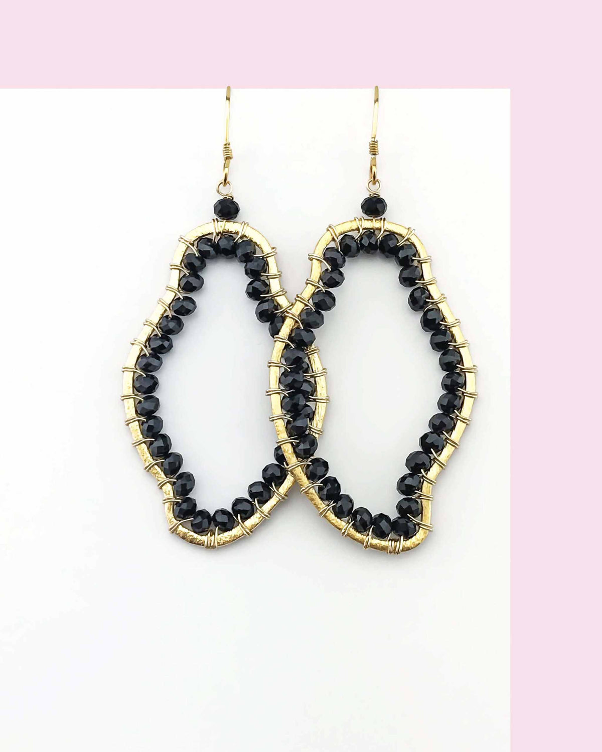 Black Spinel Freestyle Earrings with abstract black spinel gemstones, 2.5" long, 14k gold plated sterling silver, French hooks, handmade in NYC