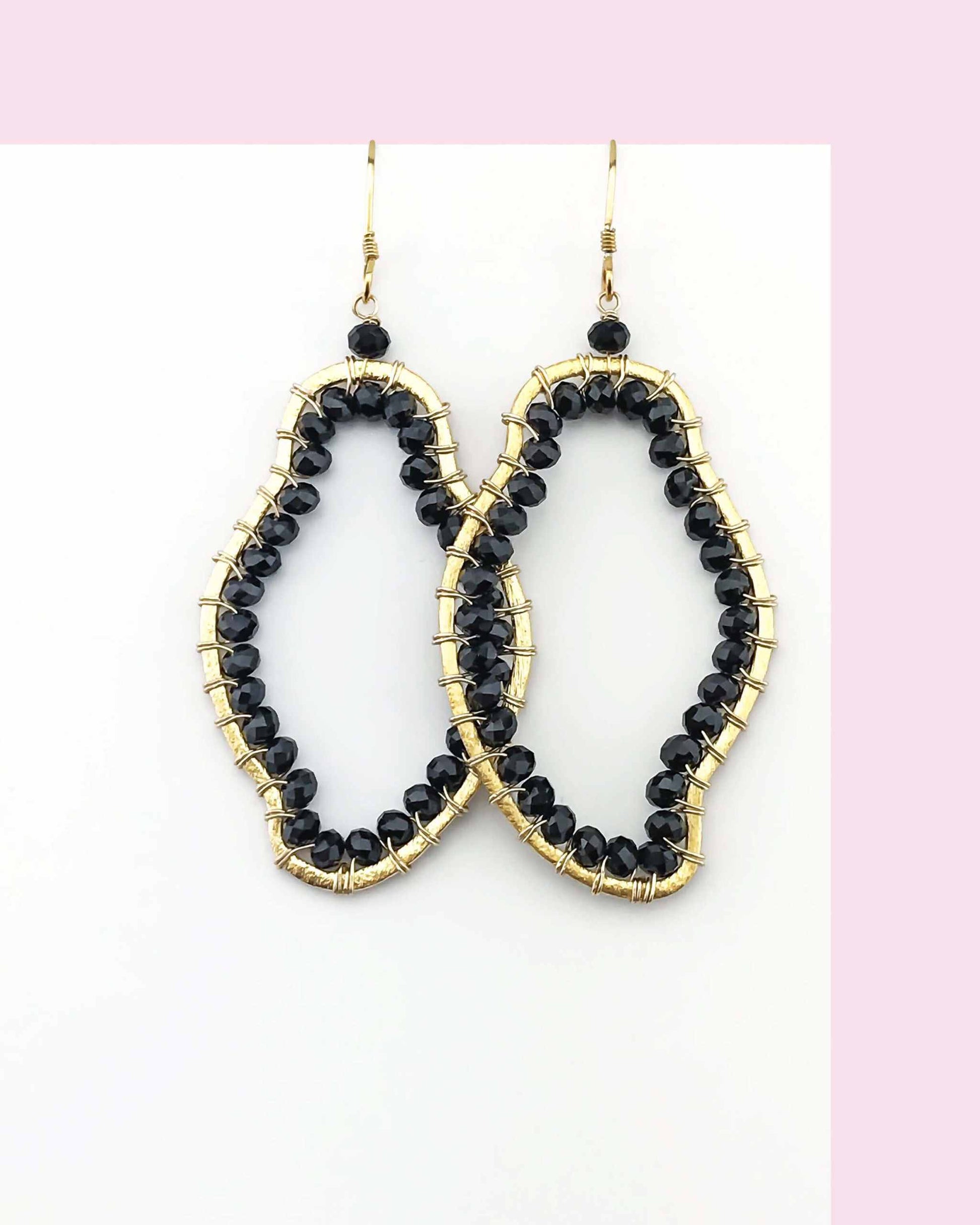 Black Spinel Freestyle Earrings with abstract black spinel gemstones, 2.5" long, 14k gold plated sterling silver, French hooks, handmade in NYC