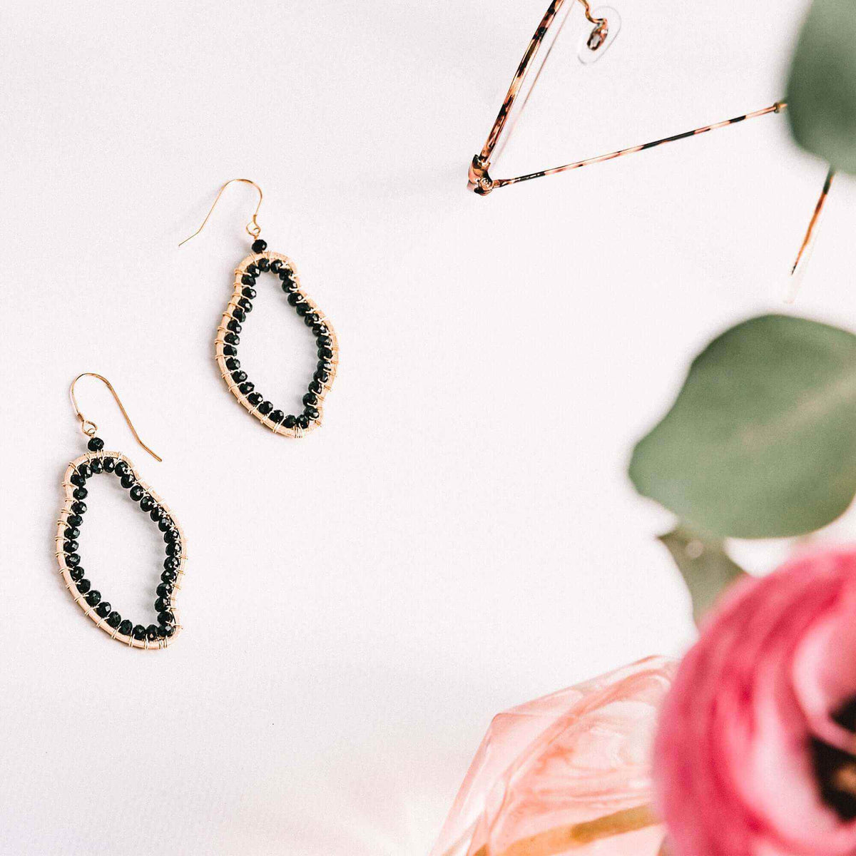 Black Spinel Freestyle Earrings 2.5 inch 14k gold plated sterling silver with French hooks handcrafted in NYC
