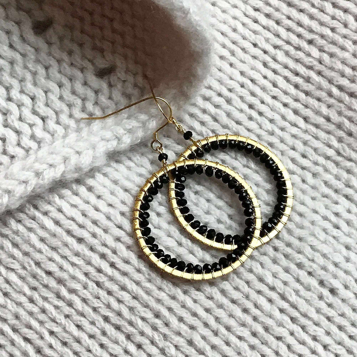 Black Spinel Halo Earrings 14k gold plated 925 silver lightweight French hooks in gift box