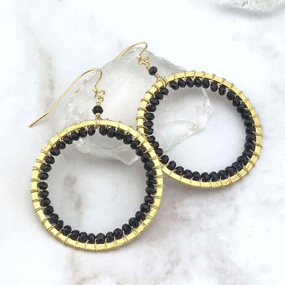 Black Spinel Halo Earrings 14k gold plated lightweight hoop style with French hooks