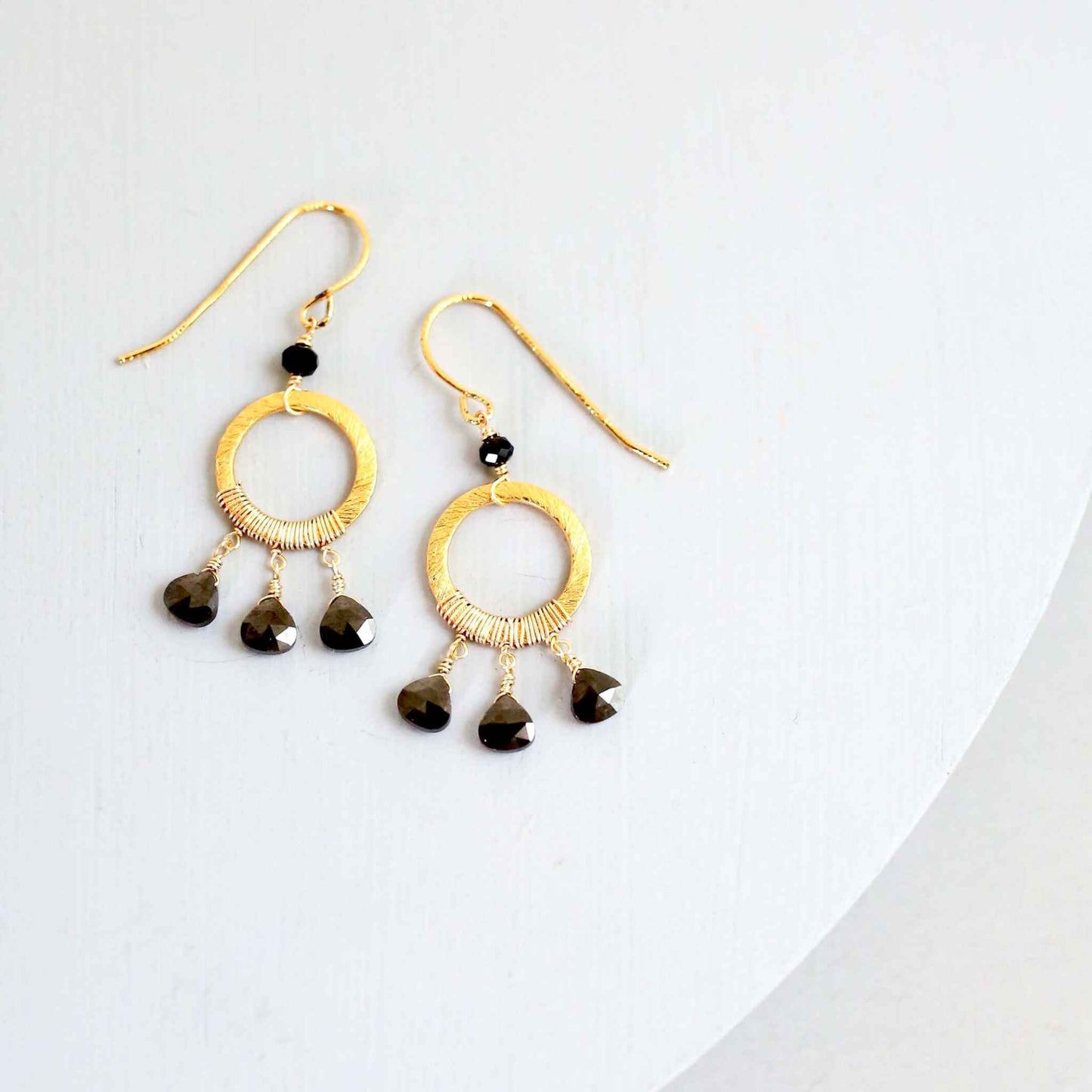 Black Spinel Mini Boho Earrings with dream catcher design, 1.5 inches long, 14k gold plated sterling silver French hooks
