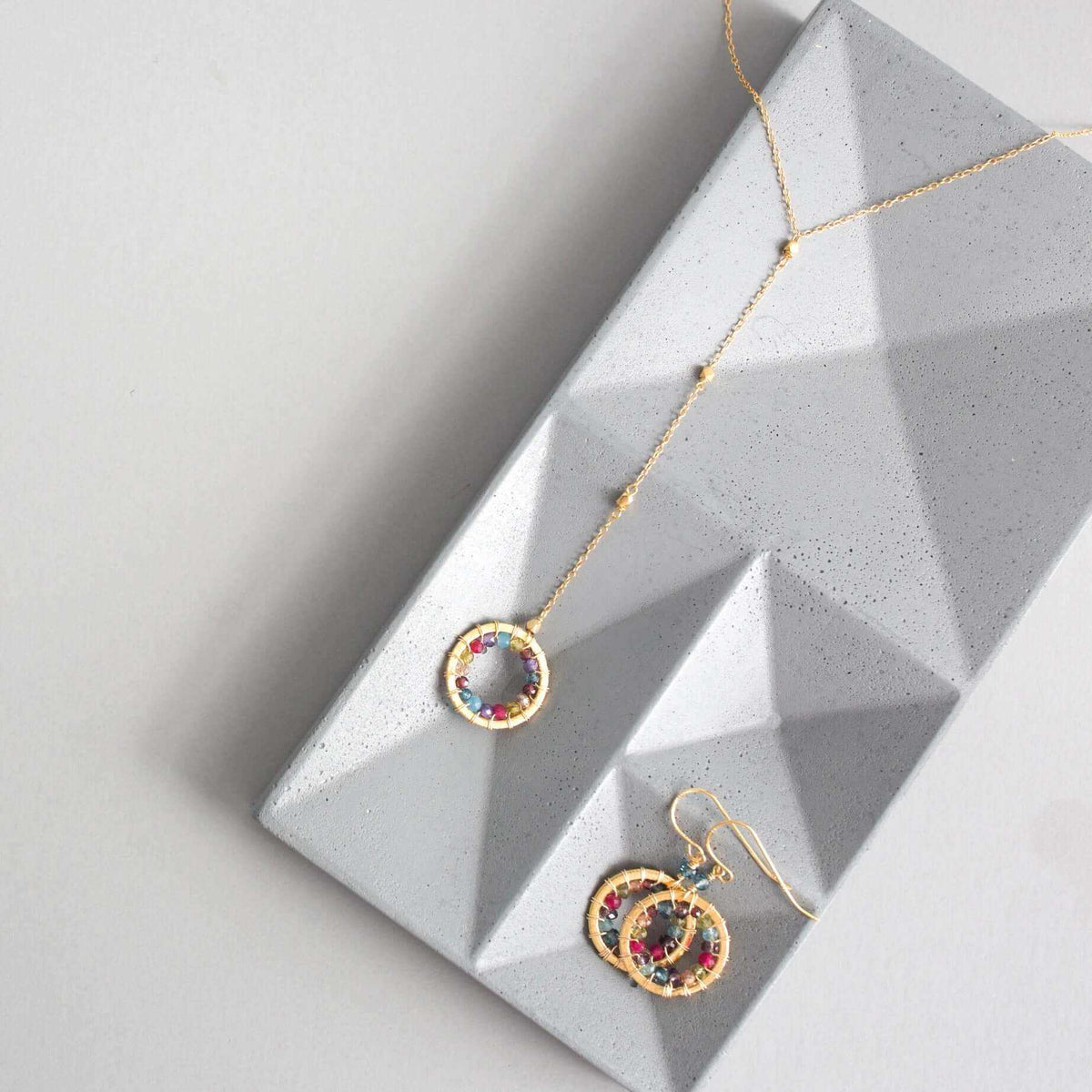 Black spinel, rainbow gemstone, and pearl Y pendant necklace with 14k gold plated chain from Halo collection