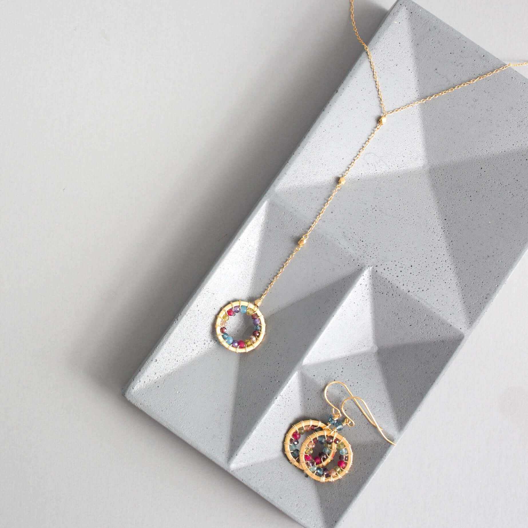 Black spinel, rainbow gemstone, and pearl Y pendant necklace with 14k gold plated chain from Halo collection