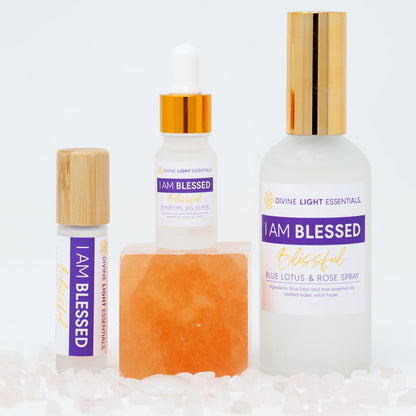 I Am Blessed Trio Set - Blue Lotus and Rose Flower Elixir - Roller Bottle, Drops and Body Spray Divine Light Codes