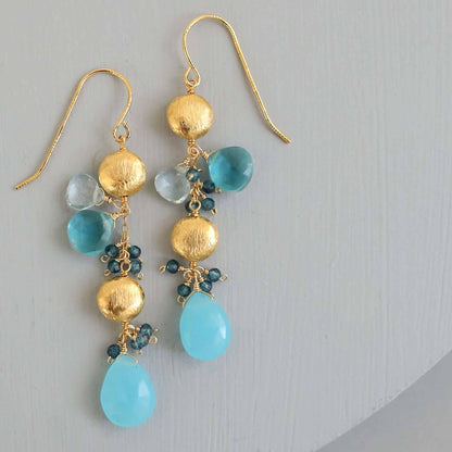 Blue chalcedony and aquamarine gold drop earrings with French hooks, 2.5 inches long