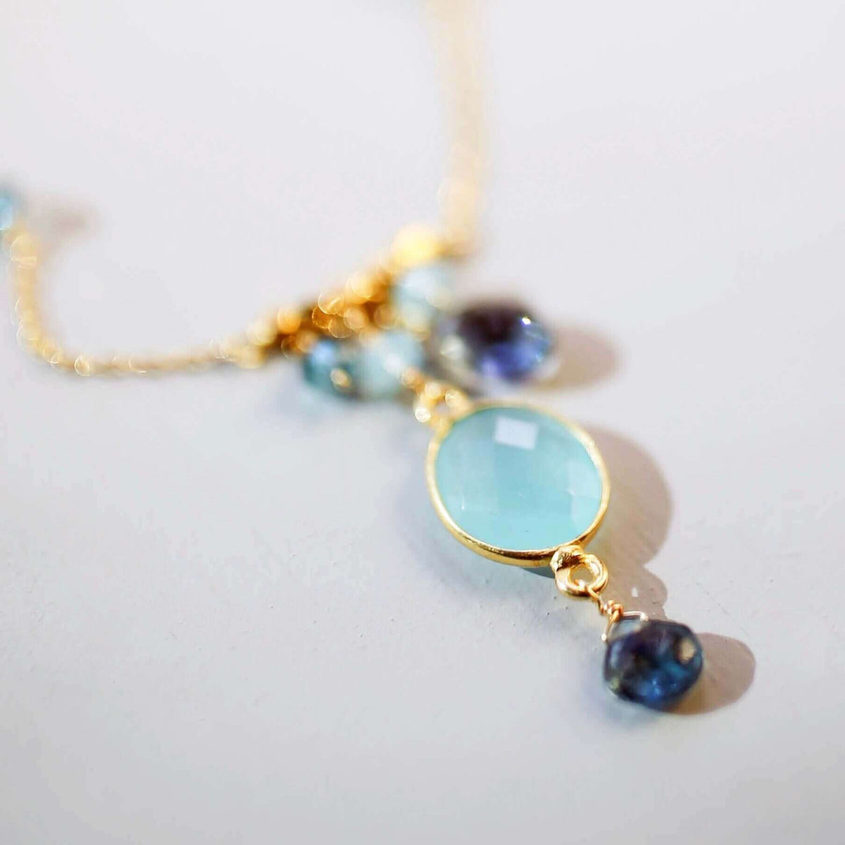 Blue chalcedony bezel necklace with iolite accents on 14k gold chain