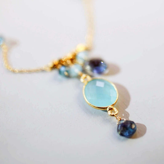 Blue chalcedony bezel necklace with iolite accents on 14k gold chain