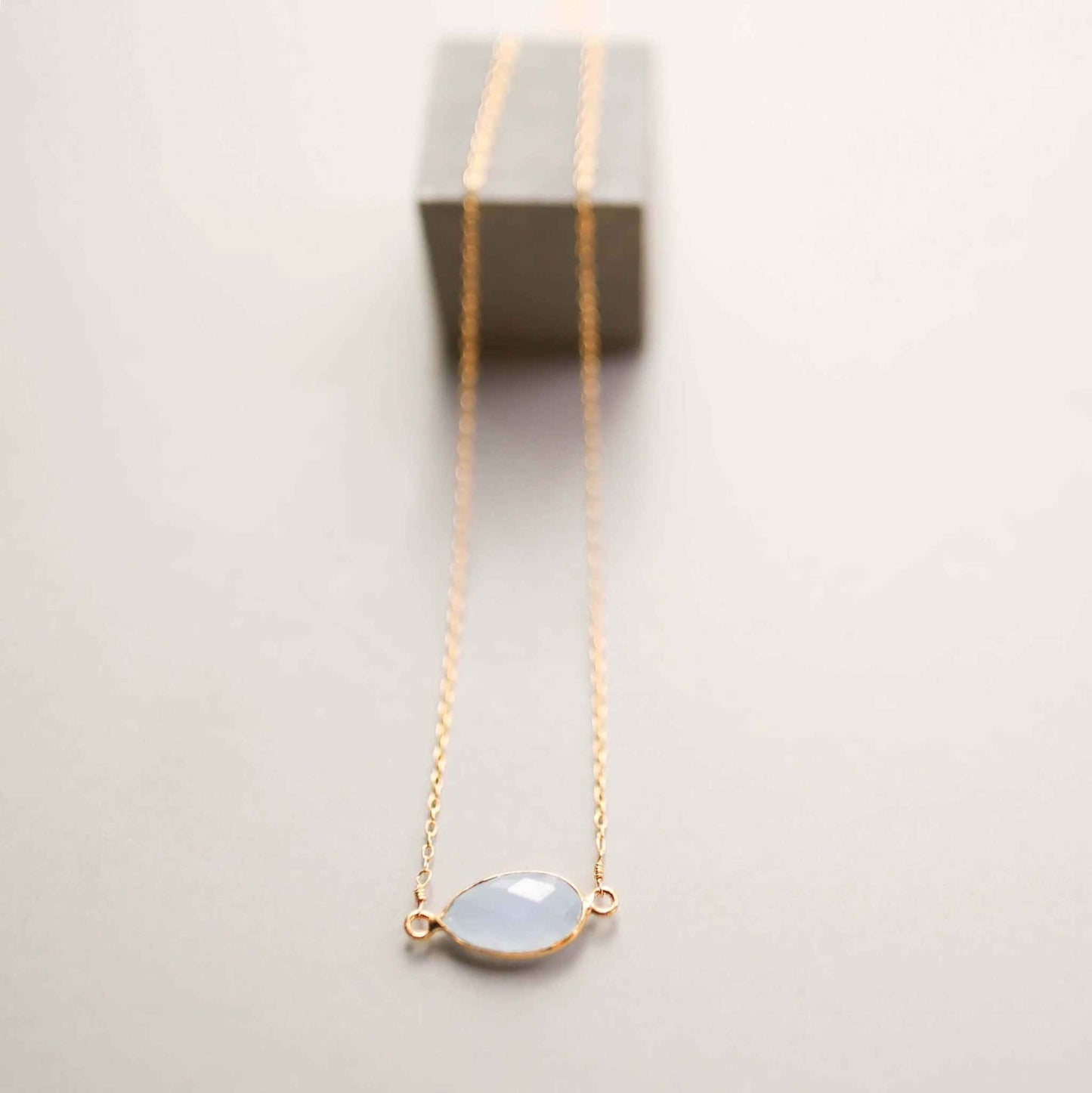 Gold minimalist necklace with blue chalcedony stone on 14k gold plated sterling silver chain