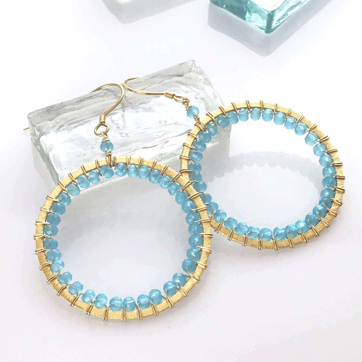 Blue Chalcedony Halo Earrings 14k gold plated sterling silver lightweight jewelry