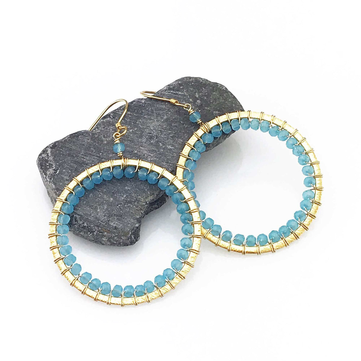 Blue Chalcedony Halo Earrings 14k gold plated silver lightweight French hook design
