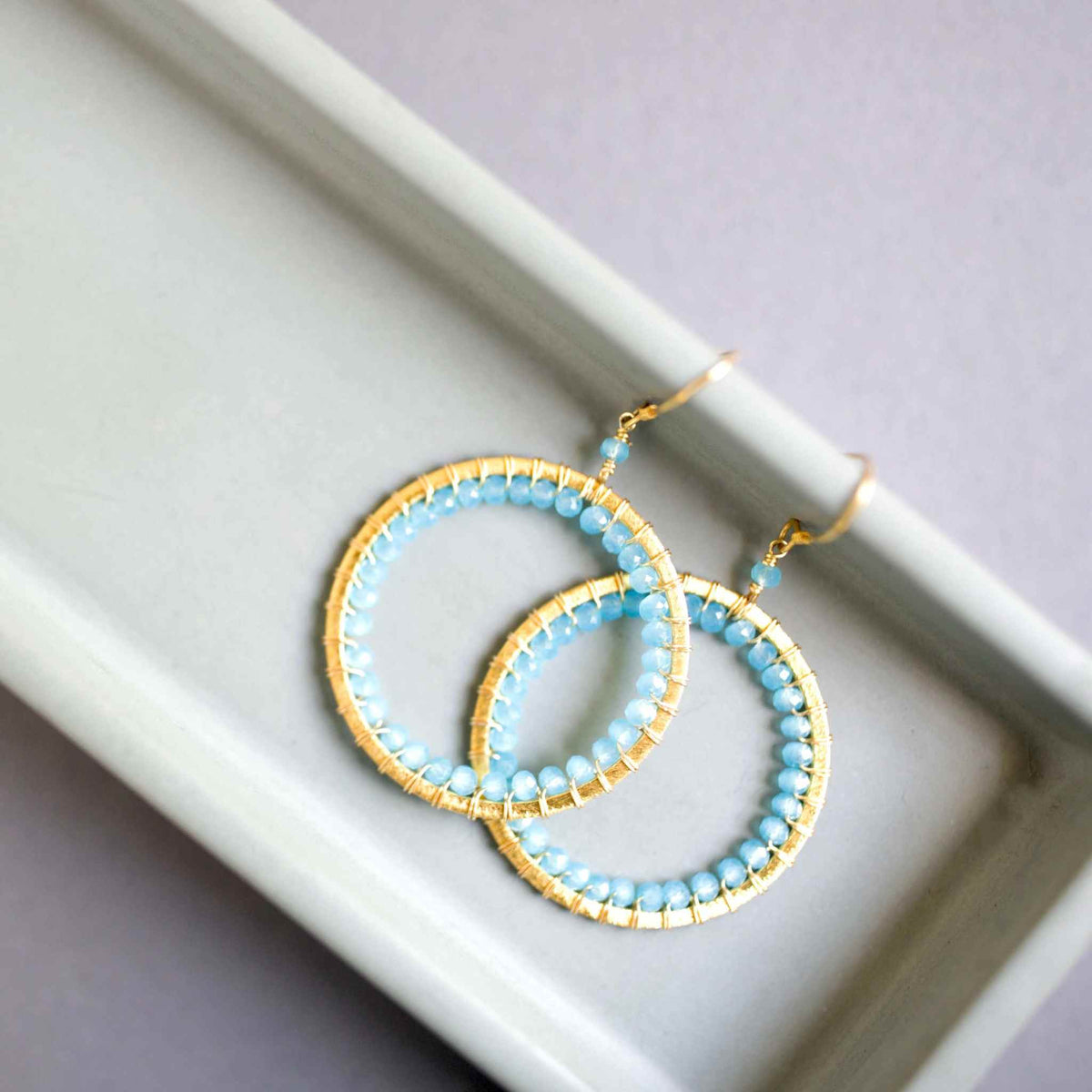 Blue Chalcedony Halo Earrings 14k gold plated 925 silver lightweight hoops