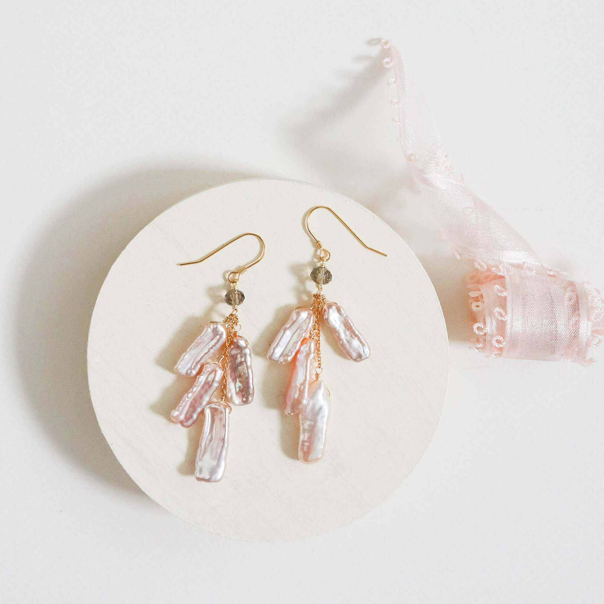 Blush stick pearl earrings with blush pink freshwater pearls and smoky quartz on 14k gold plated sterling silver French hooks