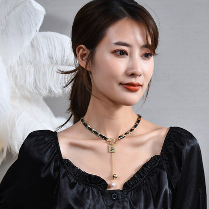 PU Leather Metal Chain Choker Necklace For Women, Titanium Steel Square Tag Pearl Tassel Short Collarbone Chain, Dainty Retro Fashion Jewelry