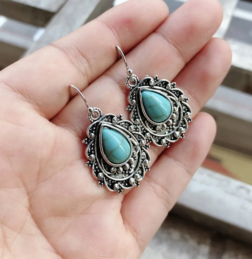 Turquoise Alloy Teardrop Dangle Earrings Bumpkin Ranchwear