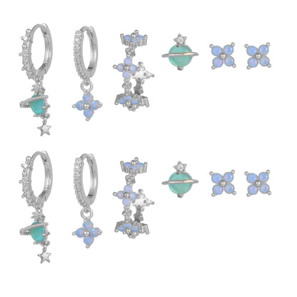 Stacking 6 Pieces Blue Flower Pierced Earring Set with Zircon, 18k Gold Plated Ear Studs and Ear Drops, Women's Fashion Jewelry for Party Daily Stacked Lobe Earrings