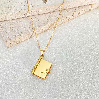 European And American 18k Gold plated Stainless Steel Openable Book Pendant Necklace