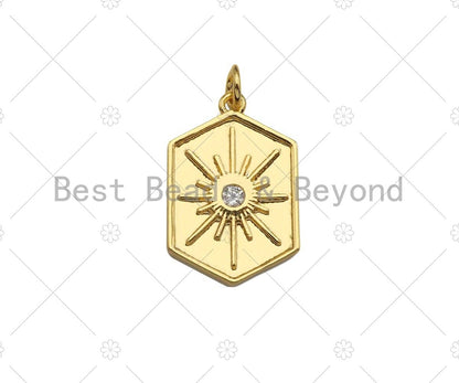 CZ Micro Pave Radial Star On Hexagon Shape Pendant, 18K Gold Medallion Charm, Necklace Bracelet Charm Pendant, 23x15mm,Sku#Y435