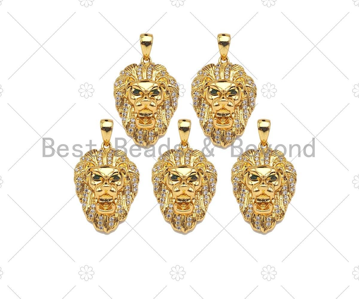 Gold Filled CZ Micro Pave  Lion Head with Green Eye Pendant, 18K Gold Filled Lion Head Charm, Necklace Bracelet Pendant, 14x20mm, Sku#Y443