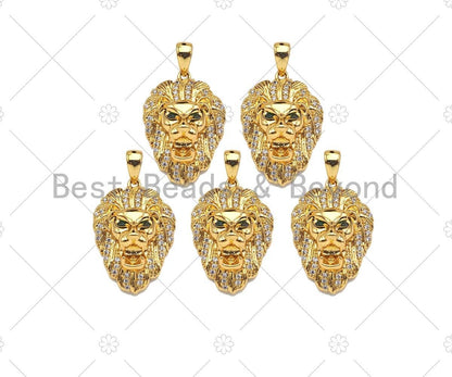 Gold Filled CZ Micro Pave  Lion Head with Green Eye Pendant, 18K Gold Filled Lion Head Charm, Necklace Bracelet Pendant, 14x20mm, Sku#Y443