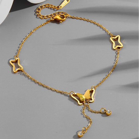 Rose Gold Trendy Titanium Steel Butterfly Tassel Bare Anklet