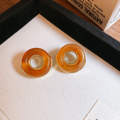 Vintage Amber Resin Gold Stud Earrings For Women, Irregular Square Resin & Gold Tone Button Earrings, 2026 Maillard Style Lightweight Fashion Jewelry