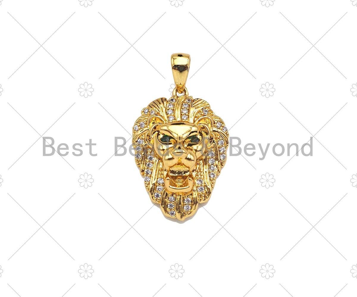 Gold Filled CZ Micro Pave  Lion Head with Green Eye Pendant, 18K Gold Filled Lion Head Charm, Necklace Bracelet Pendant, 14x20mm, Sku#Y443