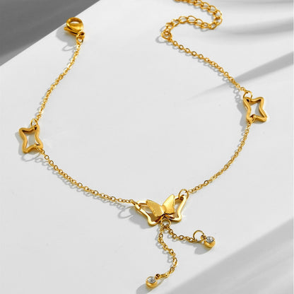 Rose gold trendy titanium steel butterfly tassel bare anklet