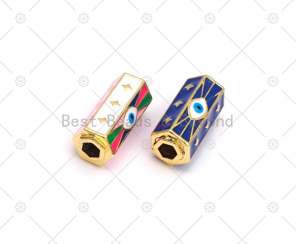 Enamel Evil Eye North Star On Hexagon Shape Large Hole Tube Spacer Beads, 18K Gold Filled Drum Barrel Beads,10x22mm, Sku#Y522