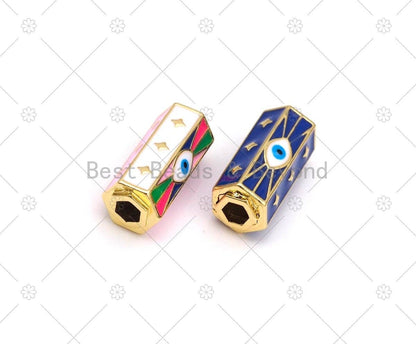 Enamel Evil Eye North Star On Hexagon Shape Large Hole Tube Spacer Beads, 18K Gold Filled Drum Barrel Beads,10x22mm, Sku#Y522