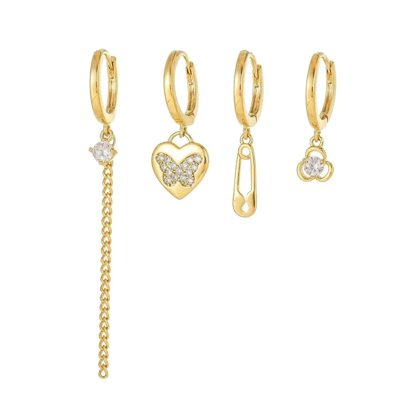 Stacking 4 Pieces Whimsical Charm Links Earring Set, 18k Gold Hoop with Drops, S925 Needle, Stacked Lobe Designs with Dazzling Zirconia