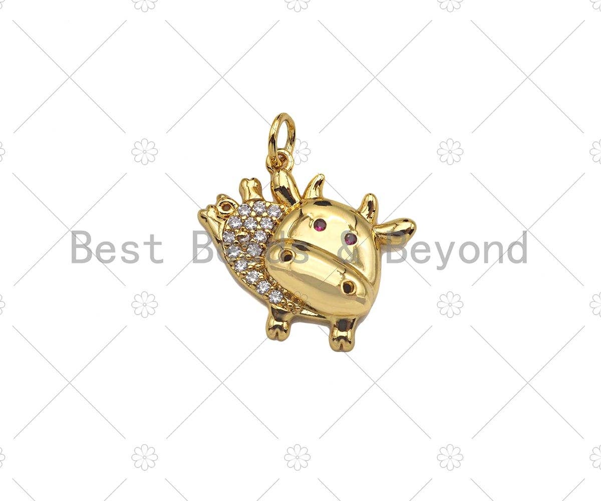 Gold Filled CZ Micro Pave Cute Flying Cow Shape Pendant, 18K Gold Filled Cow Charm, Necklace Bracelet Charm Pendant, 13x15mm, Sku#Y451