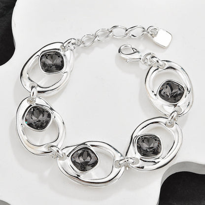 Hollow Geometric Black Crystal Jewelry Set For Women, Adjustable Bracelet Ring Earrings 3Pcs Matching Set, Minimal Cool Fashion Jewelry