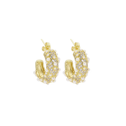 Fancy CZ White Pearl Huggie Earrings, Sku#Y898