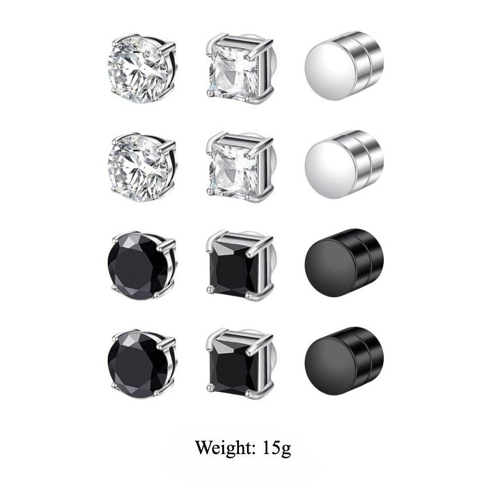 Multi Sets of Stainless Steel Magnetic CZ Stud Earrings for Men Women, 6mm Cubic Zirconia Inlaid Hypoallergenic Earring Packs, Non-Piercing Clip On Earring Combo