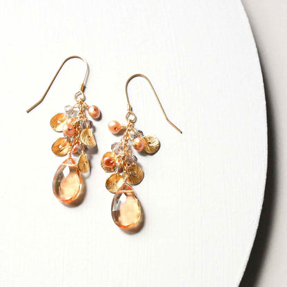 Citrine Aurora Earrings with cascading citrine gemstones, pearls, and 14k gold plated sterling silver French hooks
