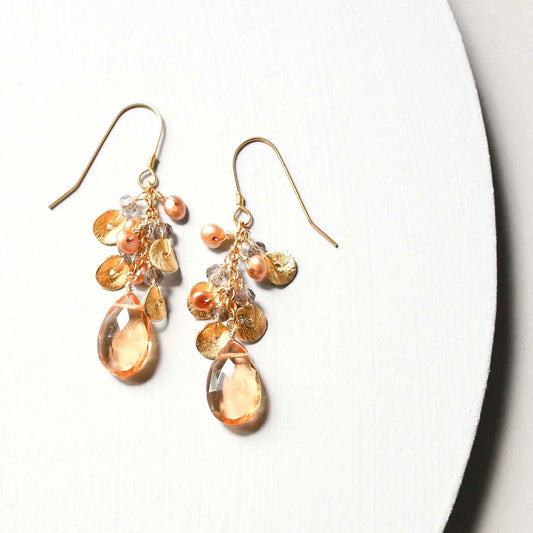 Citrine Aurora Earrings with cascading citrine gemstones, pearls, and 14k gold plated sterling silver French hooks
