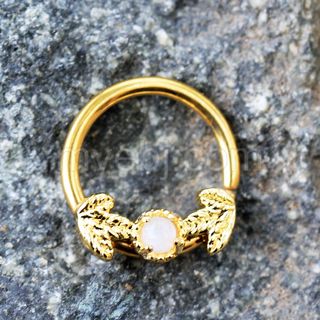 Gold Golden Leaf and Opal Seamless Ring / Septum Ring