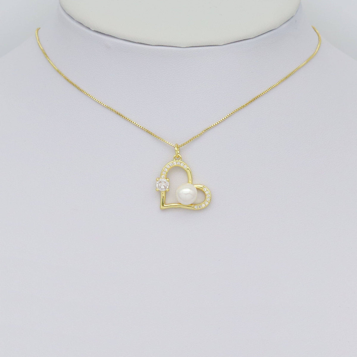 Gold CZ Heart With White Pearl Charm, Sku#Y928